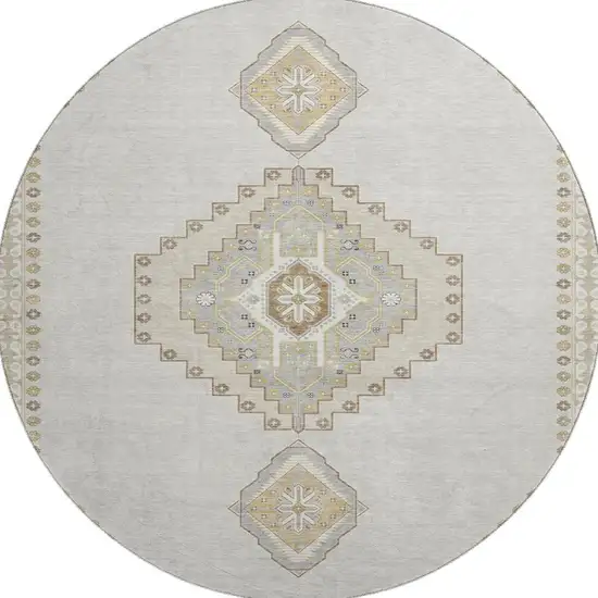 8' Ivory Gray And Beige Oriental Washable Round Rug With UV Protection Photo 3