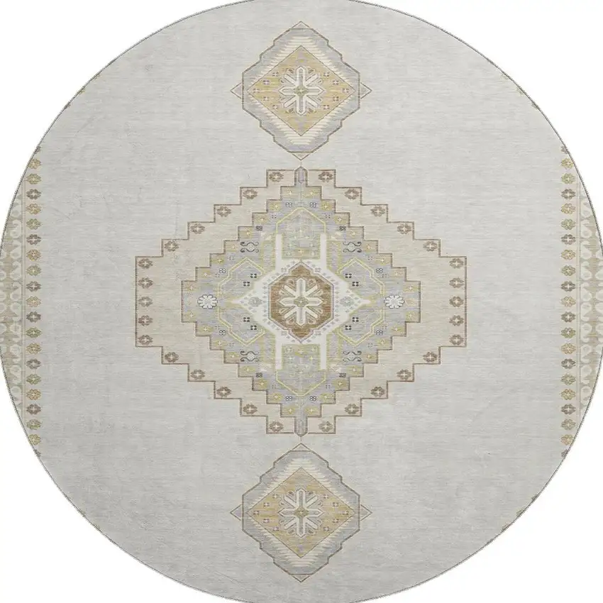 8' Ivory Gray And Beige Oriental Washable Round Rug With UV Protection Photo 3