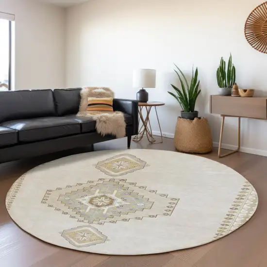 8' Ivory Gray And Beige Oriental Washable Round Rug With UV Protection Photo 4