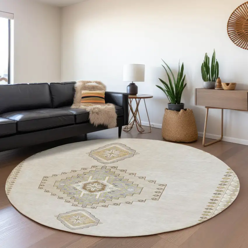 8' Ivory Gray And Beige Oriental Washable Round Rug With UV Protection Photo 4