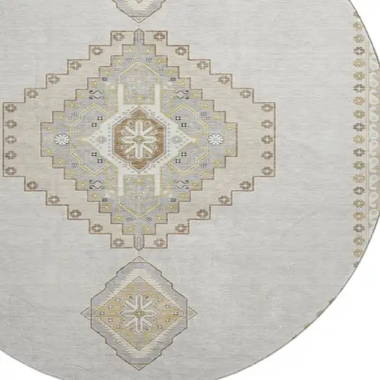 8' Ivory Gray And Beige Oriental Washable Round Rug With UV Protection Photo 2