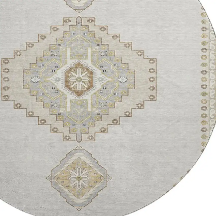 8' Ivory Gray And Beige Oriental Washable Round Rug With UV Protection Photo 2