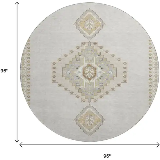 8' Ivory Gray And Beige Oriental Washable Round Rug With UV Protection Photo 9
