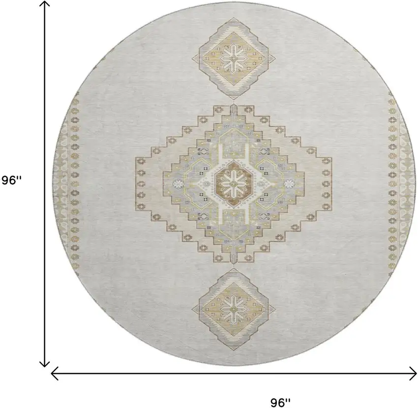 8' Ivory Gray And Beige Oriental Washable Round Rug With UV Protection Photo 9