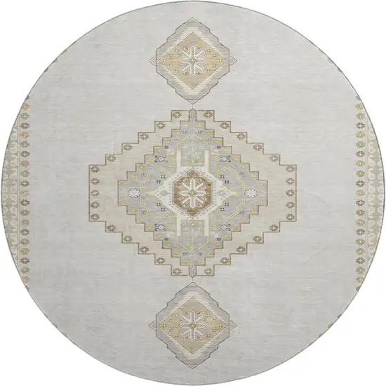 8' Ivory Gray And Beige Oriental Washable Round Rug With UV Protection Photo 1
