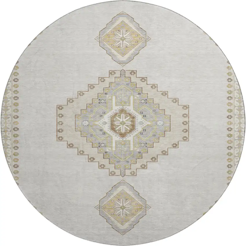 8' Ivory Gray And Beige Oriental Washable Round Rug With UV Protection Photo 1
