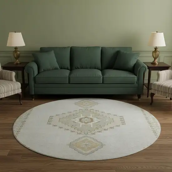 8' Ivory Gray And Beige Oriental Washable Round Rug With UV Protection Photo 2