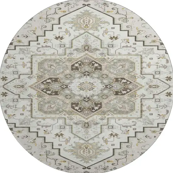 8' Ivory Gray And Beige Oriental Washable Round Rug With UV Protection Photo 3