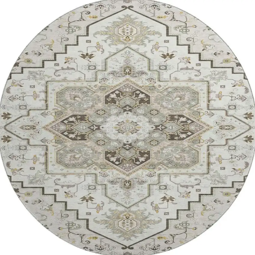 8' Ivory Gray And Beige Oriental Washable Round Rug With UV Protection Photo 3