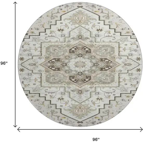 8' Ivory Gray And Beige Oriental Washable Round Rug With UV Protection Photo 9