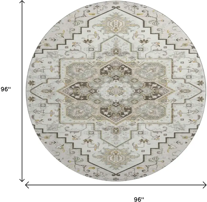 8' Ivory Gray And Beige Oriental Washable Round Rug With UV Protection Photo 9