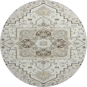 Photo of 8' Ivory Gray And Beige Oriental Washable Round Rug With UV Protection