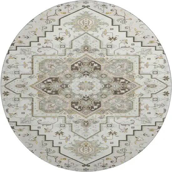 8' Ivory Gray And Beige Oriental Washable Round Rug With UV Protection Photo 1