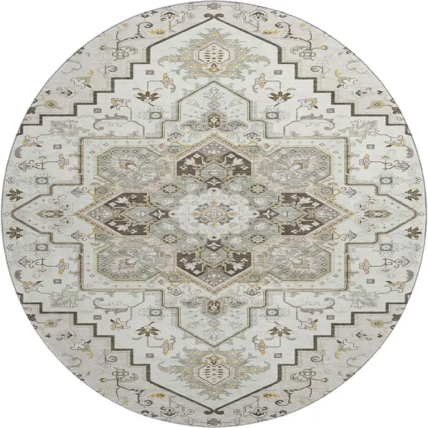 8' Ivory Gray And Beige Oriental Washable Round Rug With UV Protection Photo 1