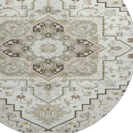 8' Ivory Gray And Beige Oriental Washable Round Rug With UV Protection Photo 2