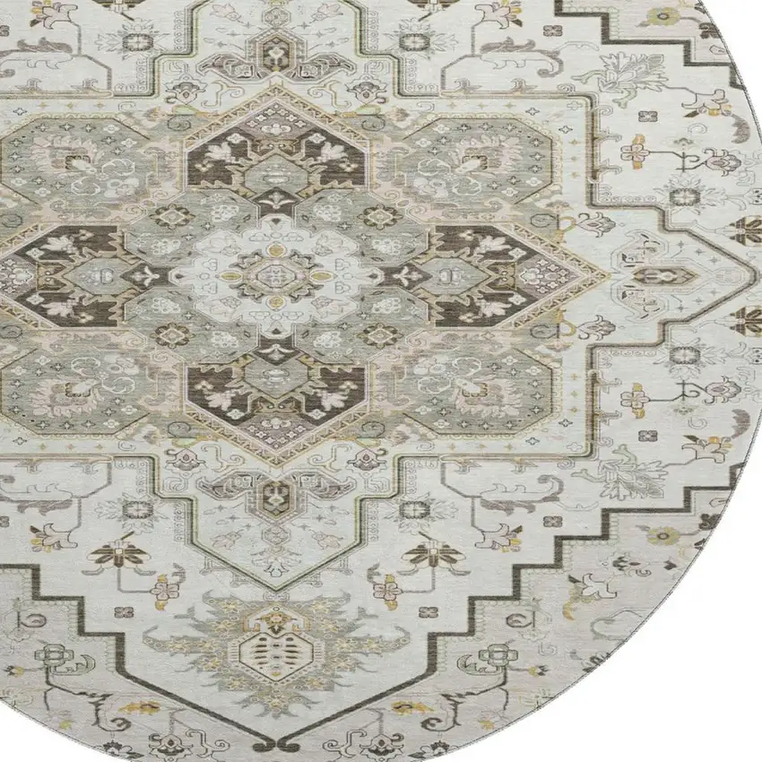 8' Ivory Gray And Beige Oriental Washable Round Rug With UV Protection Photo 2