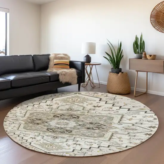 8' Ivory Gray And Beige Oriental Washable Round Rug With UV Protection Photo 4