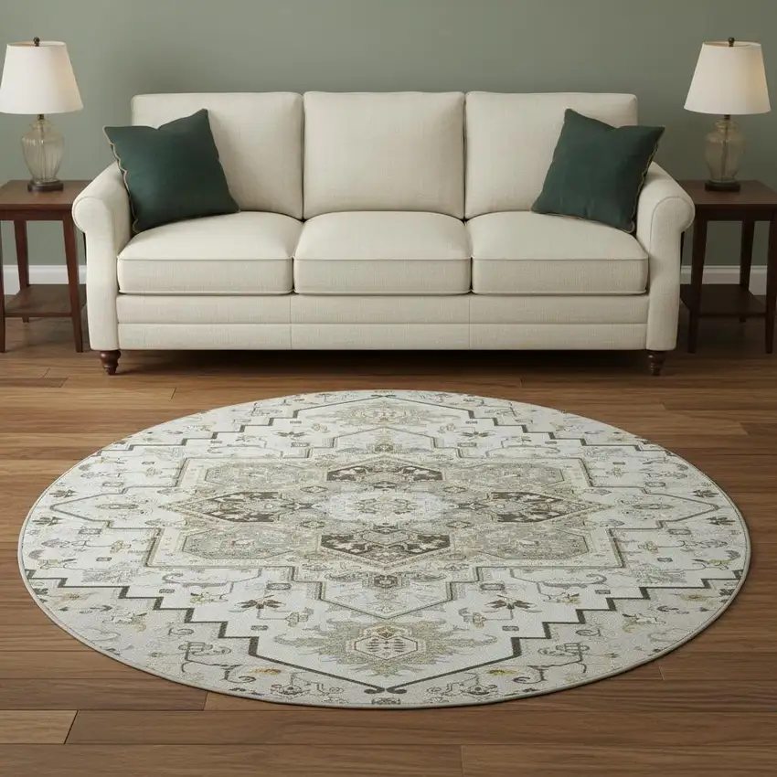 8' Ivory Gray And Beige Oriental Washable Round Rug With UV Protection Photo 2