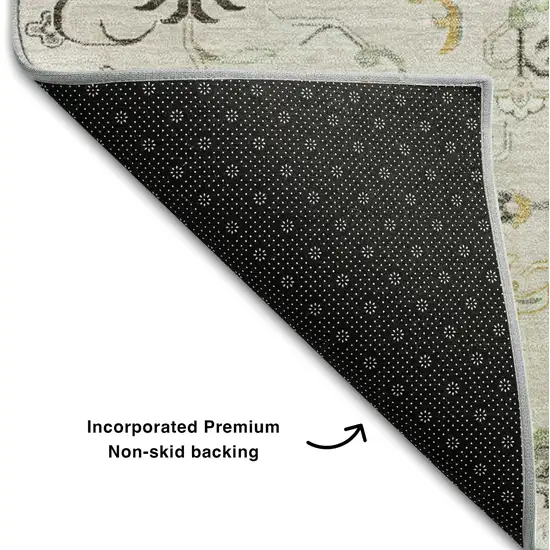 8' Ivory Gray And Beige Oriental Washable Round Rug With UV Protection Photo 5