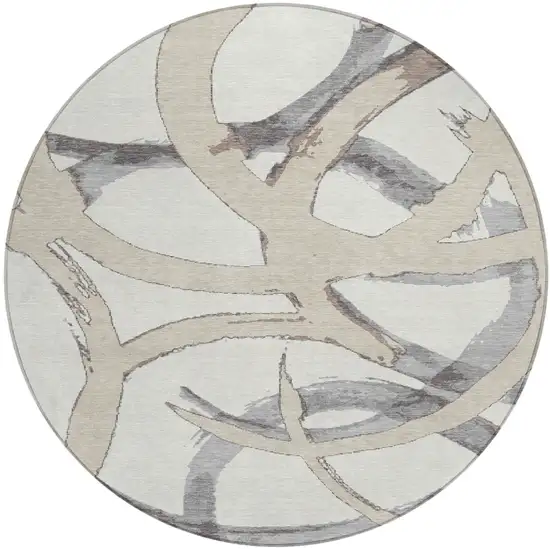 8' Ivory Gray And Beige Round Abstract Washable Indoor Outdoor Area Rug Photo 2