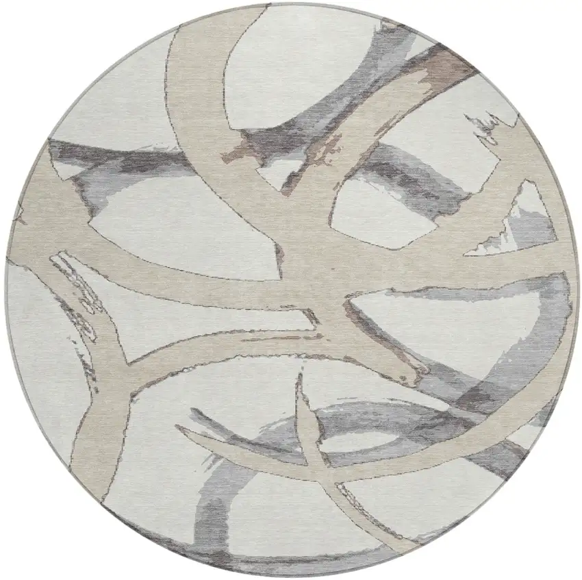 8' Ivory Gray And Beige Round Abstract Washable Indoor Outdoor Area Rug Photo 2