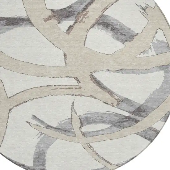 8' Ivory Gray And Beige Round Abstract Washable Indoor Outdoor Area Rug Photo 4
