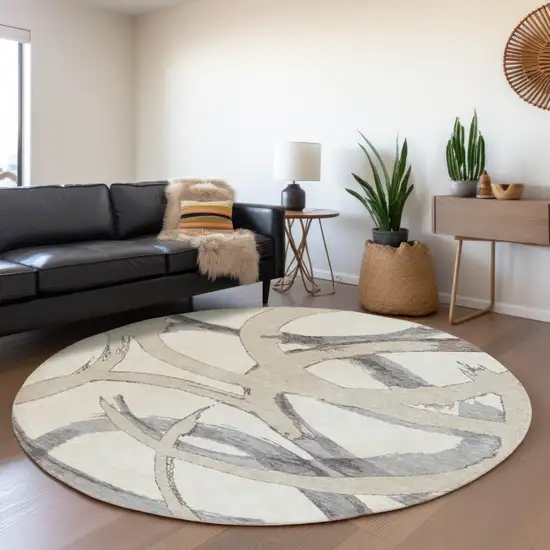 8' Ivory Gray And Beige Round Abstract Washable Indoor Outdoor Area Rug Photo 8