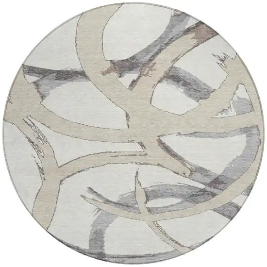 8' Ivory Gray And Beige Round Abstract Washable Indoor Outdoor Area Rug Photo 6