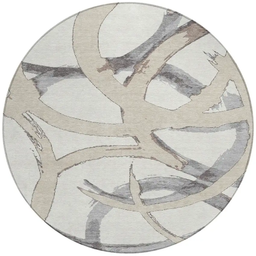 8' Ivory Gray And Beige Round Abstract Washable Indoor Outdoor Area Rug Photo 6