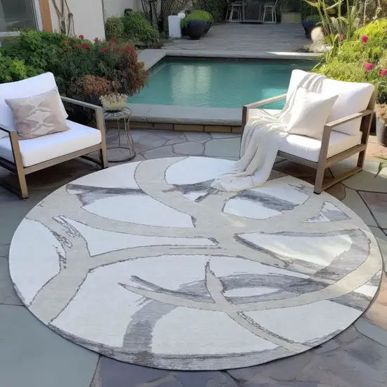 8' Ivory Gray And Beige Round Abstract Washable Indoor Outdoor Area Rug Photo 7