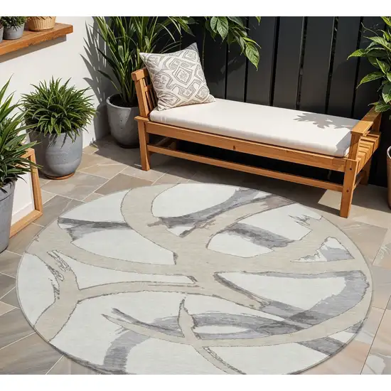 8' Ivory Gray And Beige Round Abstract Washable Indoor Outdoor Area Rug Photo 1