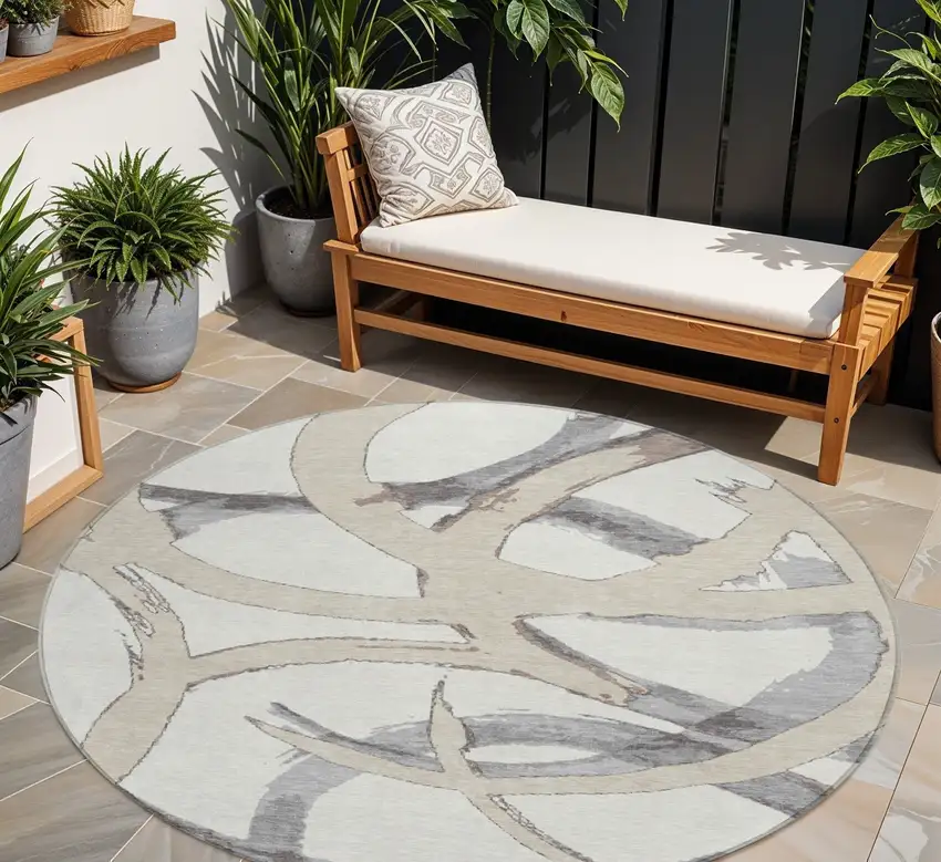 8' Ivory Gray And Beige Round Abstract Washable Indoor Outdoor Area Rug Photo 1