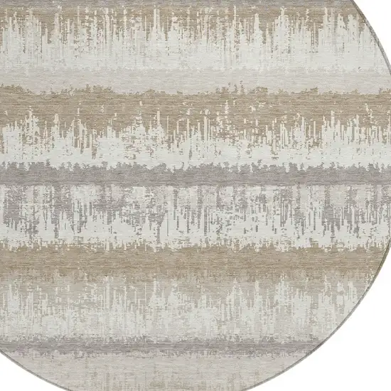 8' Ivory Gray And Beige Round Striped Washable Indoor Outdoor Area Rug Photo 4