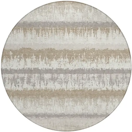 8' Ivory Gray And Beige Round Striped Washable Indoor Outdoor Area Rug Photo 2