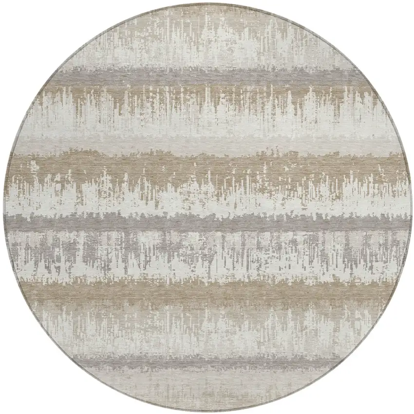 8' Ivory Gray And Beige Round Striped Washable Indoor Outdoor Area Rug Photo 2