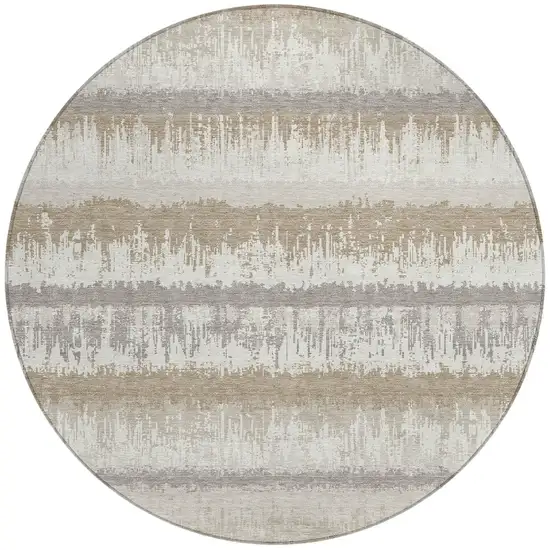 8' Ivory Gray And Beige Round Striped Washable Indoor Outdoor Area Rug Photo 5