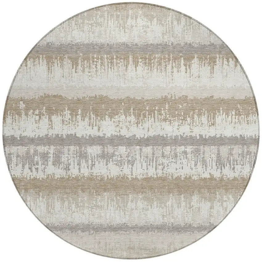 8' Ivory Gray And Beige Round Striped Washable Indoor Outdoor Area Rug Photo 5