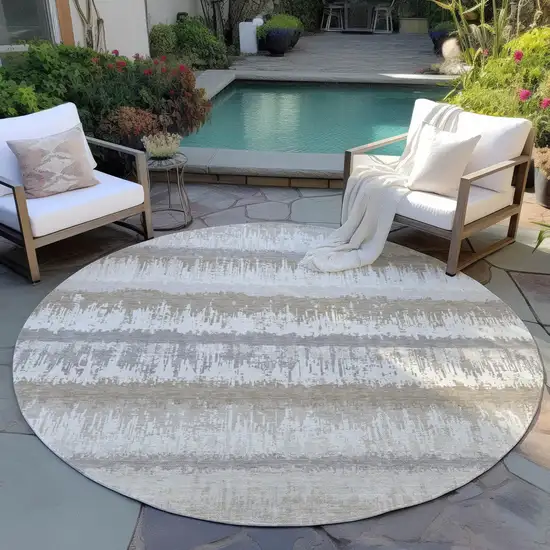8' Ivory Gray And Beige Round Striped Washable Indoor Outdoor Area Rug Photo 6
