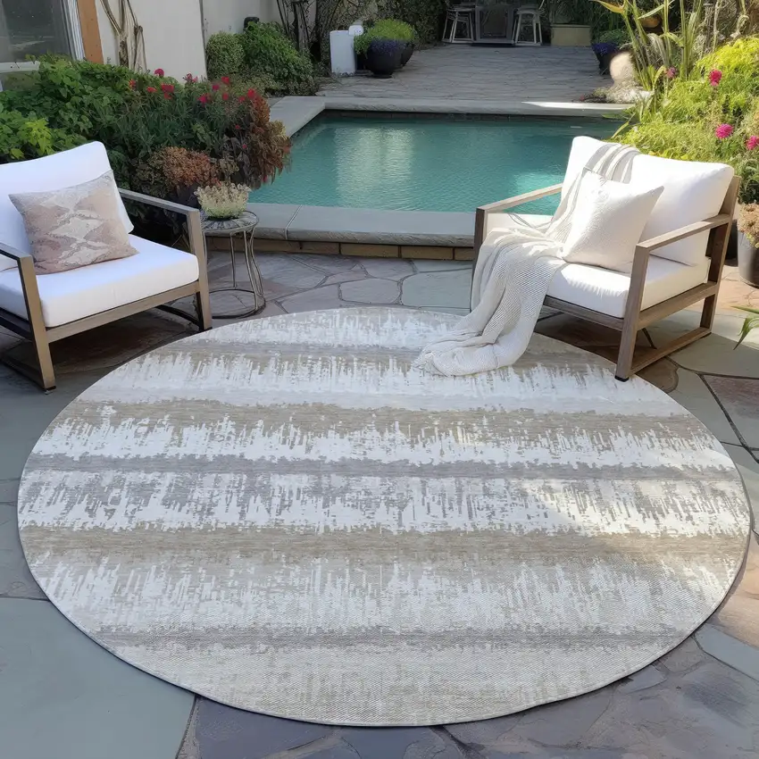 8' Ivory Gray And Beige Round Striped Washable Indoor Outdoor Area Rug Photo 6