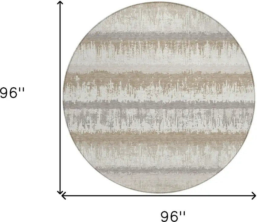 8' Ivory Gray And Beige Round Striped Washable Indoor Outdoor Area Rug Photo 3