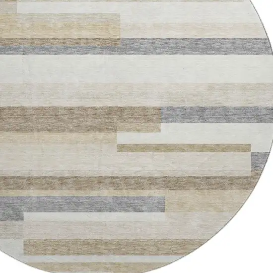 8' Ivory Gray And Beige Striped Washable Round Rug With UV Protection Photo 2