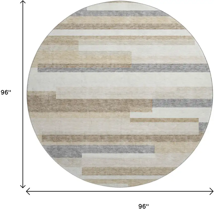 8' Ivory Gray And Beige Striped Washable Round Rug With UV Protection Photo 9