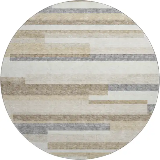 8' Ivory Gray And Beige Striped Washable Round Rug With UV Protection Photo 1