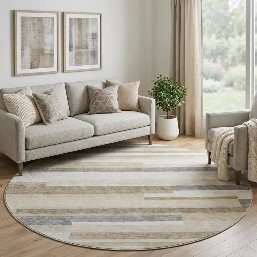 8' Ivory Gray And Beige Striped Washable Round Rug With UV Protection Photo 1