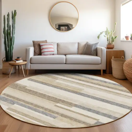 8' Ivory Gray And Beige Striped Washable Round Rug With UV Protection Photo 4
