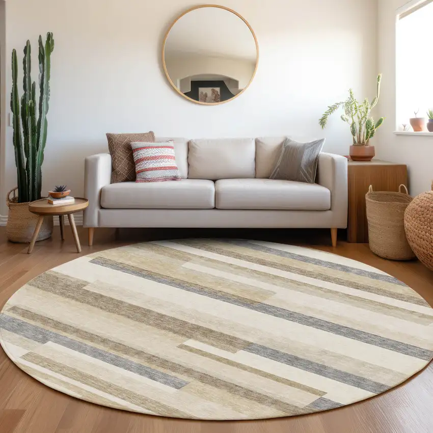 8' Ivory Gray And Beige Striped Washable Round Rug With UV Protection Photo 4