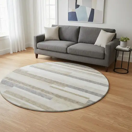 8' Ivory Gray And Beige Striped Washable Round Rug With UV Protection Photo 2