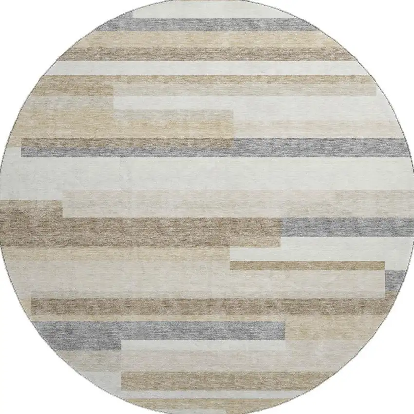 8' Ivory Gray And Beige Striped Washable Round Rug With UV Protection Photo 3