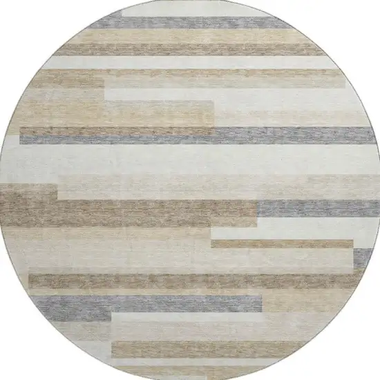 8' Ivory Gray And Beige Striped Washable Round Rug With UV Protection Photo 3