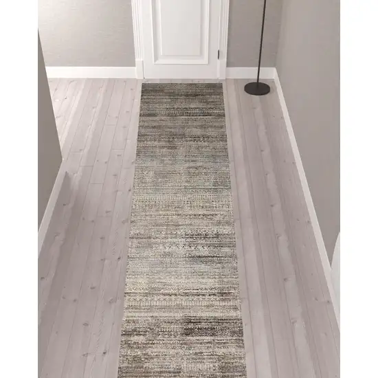 12' Ivory Gray And Black Abstract Distressed Runner Rug With Fringe Photo 2